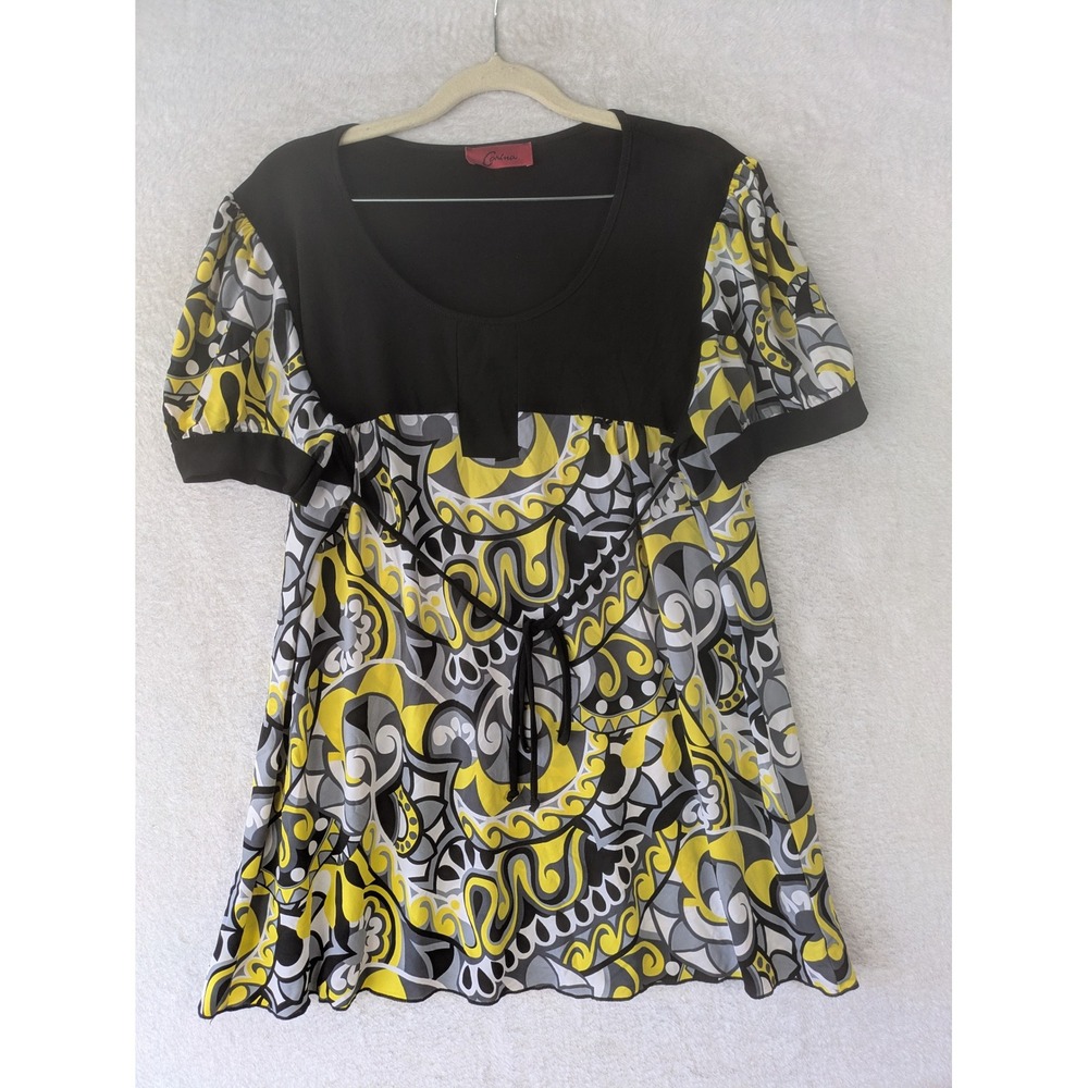 Carina Tunic Top Women's XL Black Yellow Retro Psychedelic Empire Waist Tie